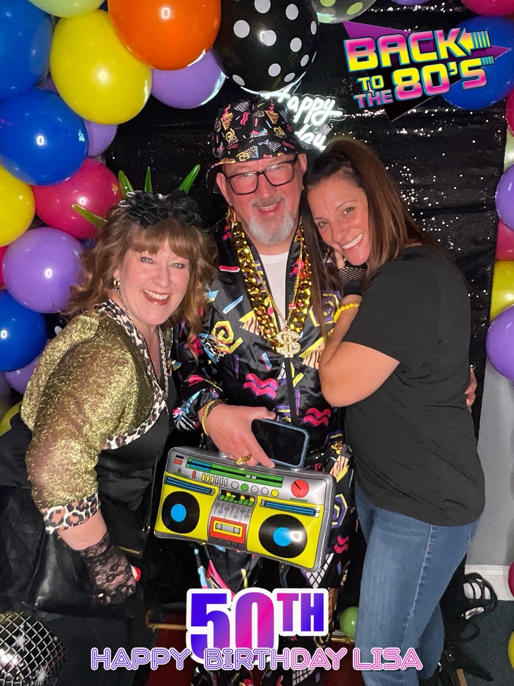 Back to the 80s birthday booth photo with custom overlay